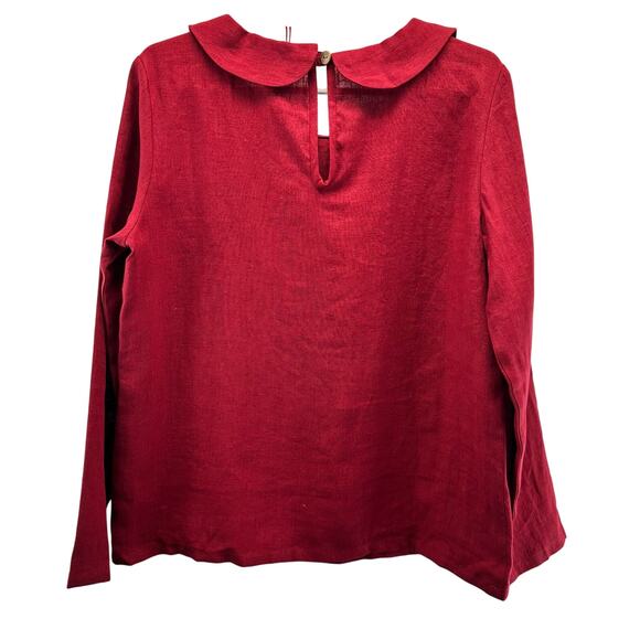 NWT Linen Sea Peter Pan Collar Blouse Long Sleeve Red Med - Picture 2 of 7